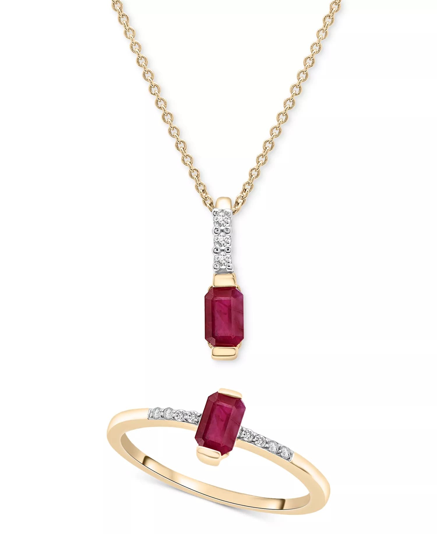 Macys #ad : Ruby &amp; Diamond Emerald-Cut Pendant Necklace &amp; Ring in 14k Gold-Plated Silver for $113.70 (reg $425) + Free Shipping.