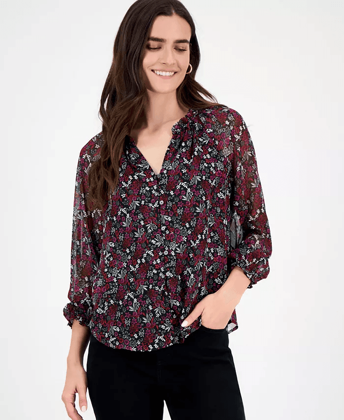Macys #Ad:Style &amp; Co Women’s Floral Ruffled Split-Neck Top, $32.25 (was $64.50) + free shipping.