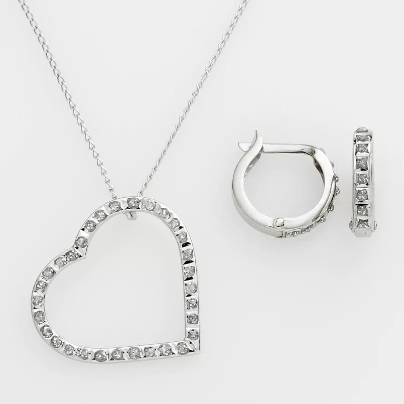 Kohls #ad : Diamond Mystique Platinum Over Silver Diamond Accent Heart Pendant &amp; Hoop Earring Set for $49.50 (Reg $250) + Free Shipping.