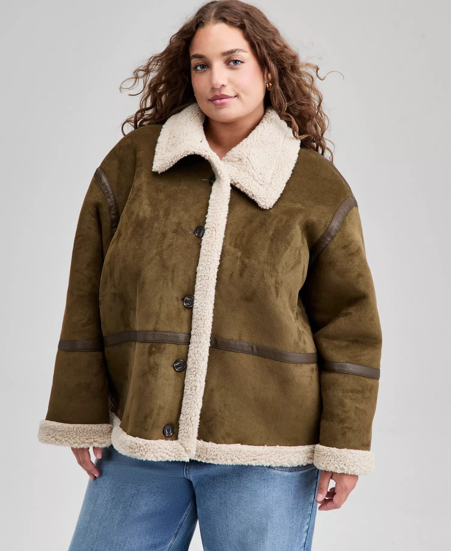 Macys #ad : And Now This Trendy Plus Size Faux Suede Sherpa Jacket for $34.93 (reg $130) + Free Shipping.